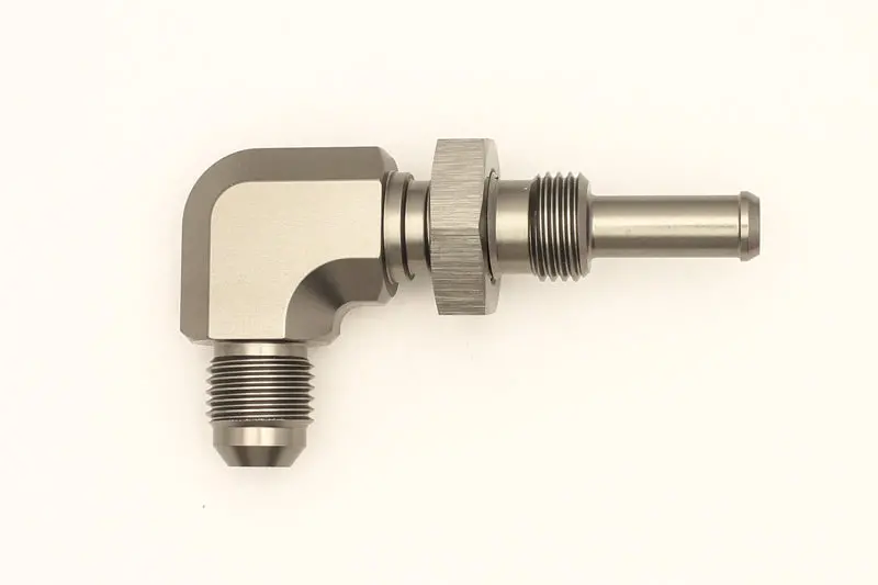 Deatschwerks 6An Male Flare To 5/16" Male Barb 90° Bulkhead Adapter With Nut 1
