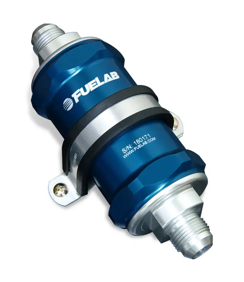 Fuelab Inline Fuel Filter – -8An Inlet/Outlet, 6-Micron Fiberglass, Integrated Check Valve, Blue Housing 1
