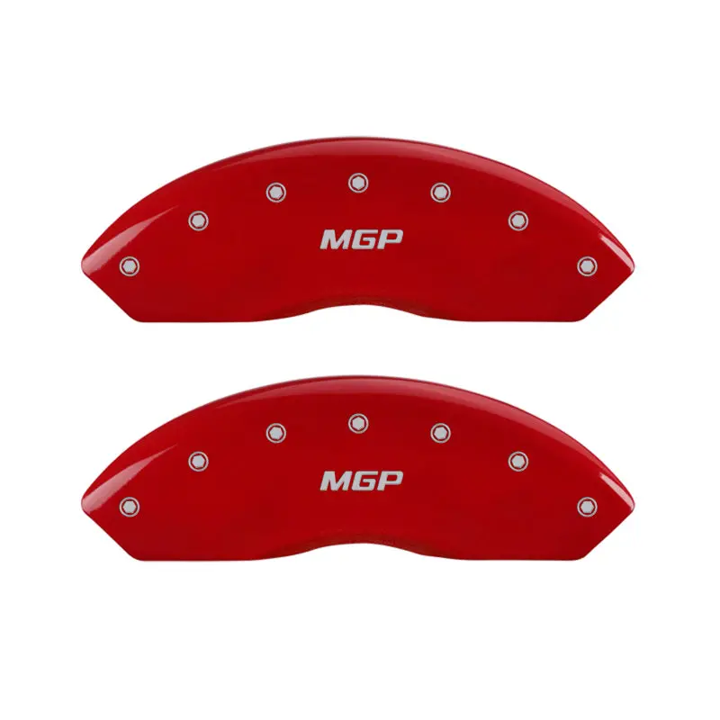 Mgp Engraved 4-Piston Caliper Covers – Front & Rear, Red Finish With Silver Chrome Accents 1