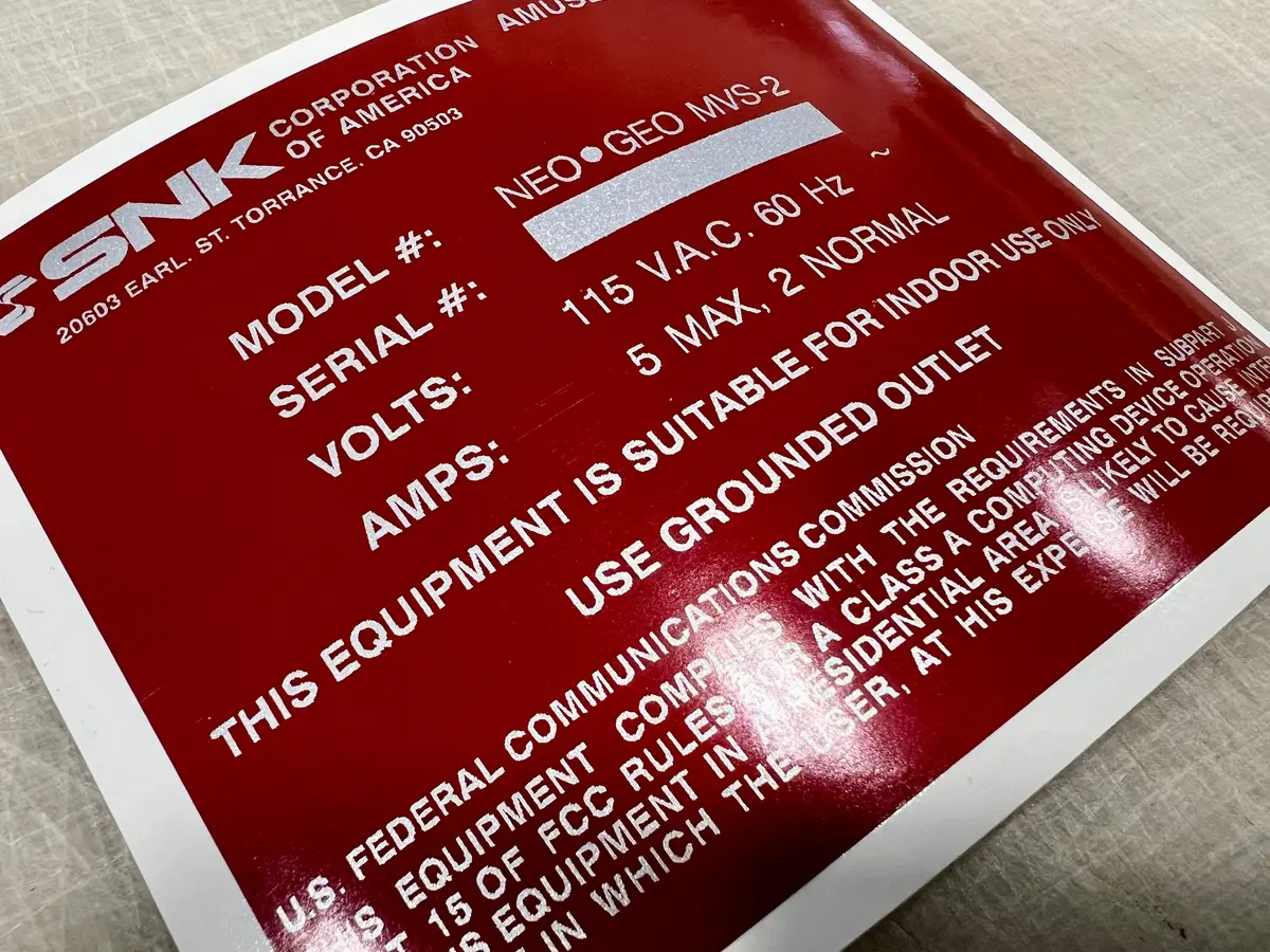Neo Geo 2 Slot Serial Number Cabinet Label. 1