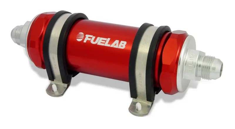 Fuelab 858 Inline Fuel Filter – -6 An Inlet / -10 An Outlet, 100-Micron Stainless Steel Element With Integrated Check Valve, Red Housing 1