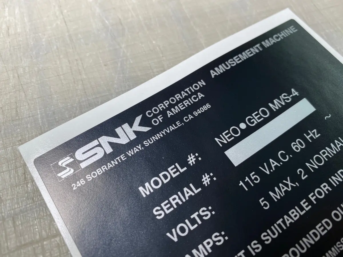 Neo Geo Serial Number Cabinet Label. 1