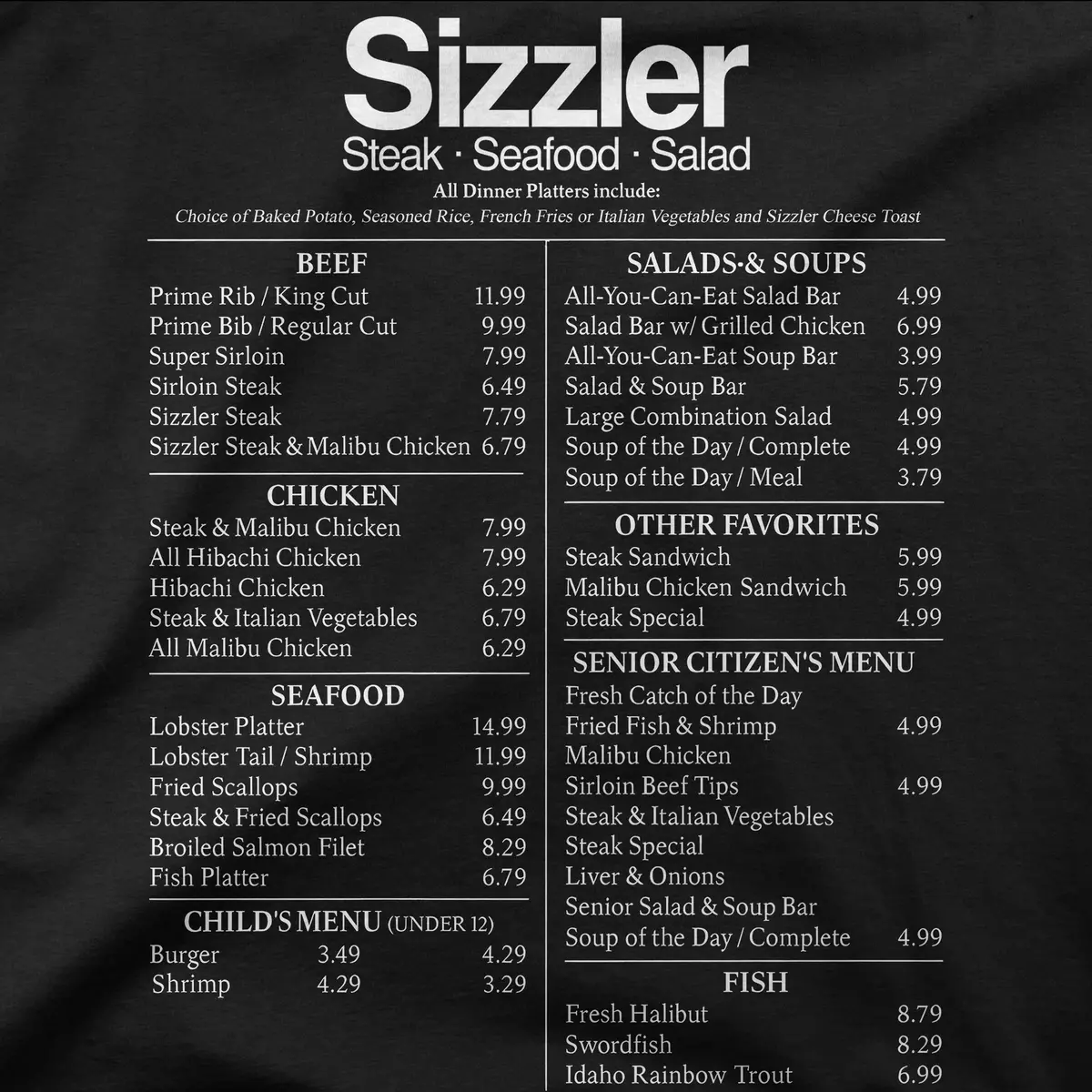 Sizzler | 80'S Menu | Tee 1