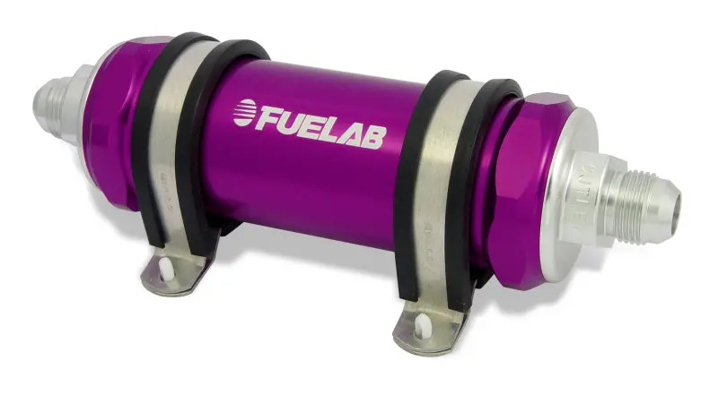 Fuelab 828 Inline Fuel Filter – -12An Inlet/Outlet, 100-Micron Stainless Steel Element, Purple Housing 1