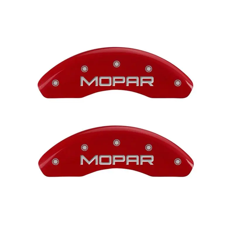 Mgp Engraved 4-Piston Caliper Covers – Front & Rear, Mopar Red With Silver Chrome Accents 1