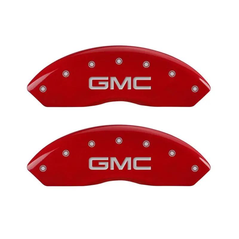 Mgp Engraved 4-Piston Caliper Covers – Front And Rear, Red Finish With Silver Chrome Accents For Gmc 1
