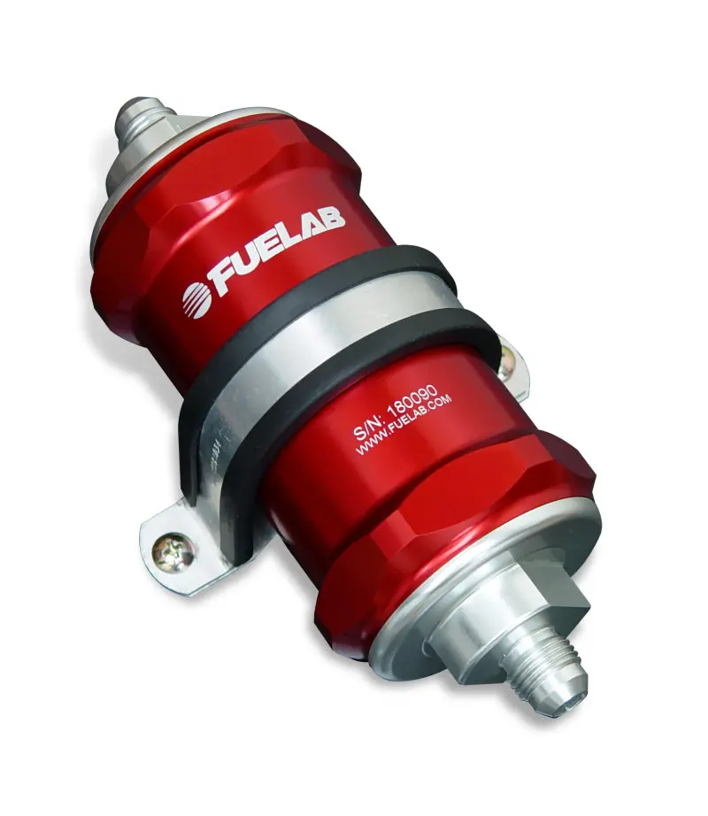 Fuelab 818 Inline Fuel Filter – -8An Inlet / -12An Outlet, 10-Micron Fabric Element, Red Housing 1