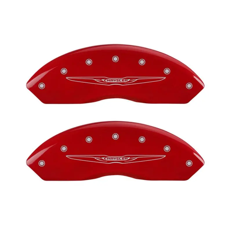 Mgp Engraved 4-Piston Caliper Covers – Front & Rear, Chrysler Wing Design, Red Finish On Silver Base 1