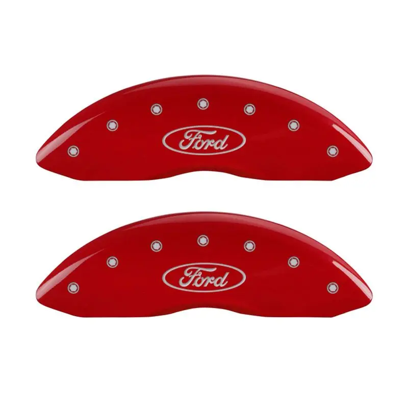 Mgp Engraved 4-Piston Caliper Covers – Front & Rear, Oval Ford Logo, Red Finish On Silver Base 1