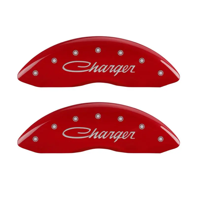 Mgp Engraved 4-Piston Caliper Covers – Front & Rear, Cursive Logo, Charger Red Finish On Silver Base 1
