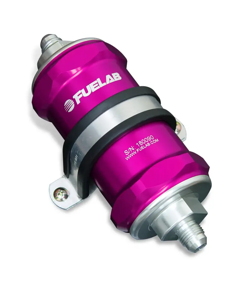 Fuelab 818 Inline Fuel Filter – -8An Inlet/Outlet, 6-Micron Fiberglass, Purple Housing 1