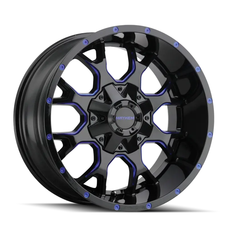 Mayhem 8015 Warrior Forged Alloy Wheel – 20X9 Inches, 8X165.1 Bolt Pattern, 18Mm Offset, 130.8Mm Hub Bore – Black With Prism Blue Accents 1