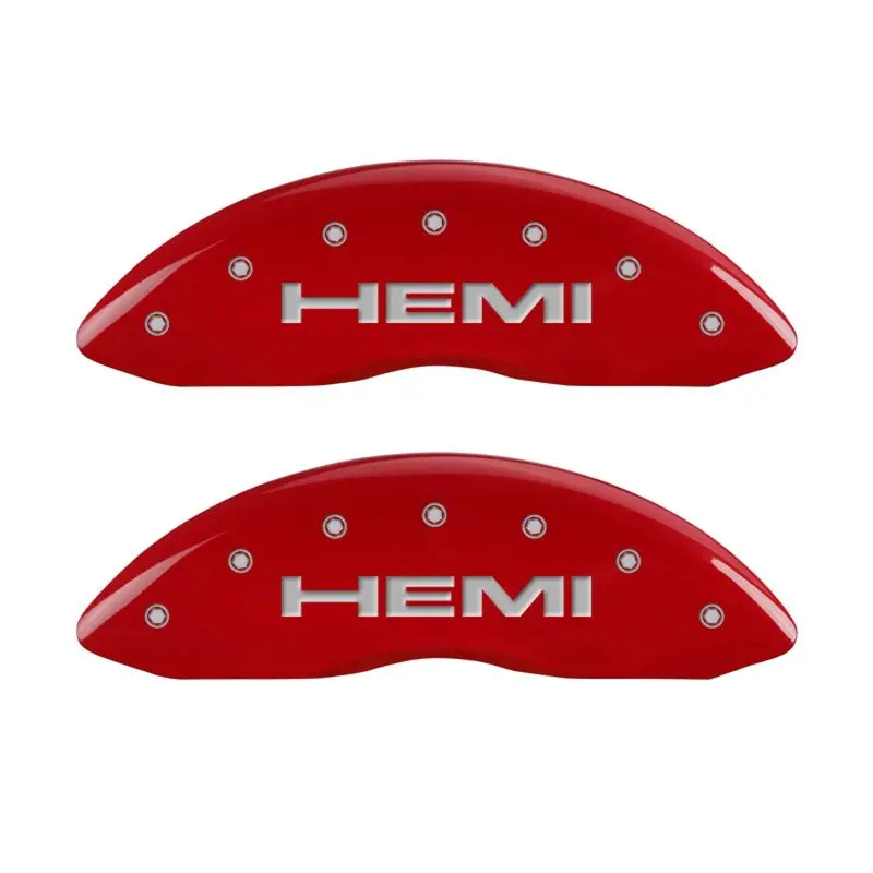 Mgp Engraved 4-Piston Caliper Covers – Front & Rear, Hemi Red Finish With Silver Chrome Accents 1